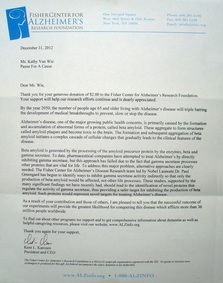 Pause For A Cause Thank You letter from the Fisher Center For Alzheimer's Research